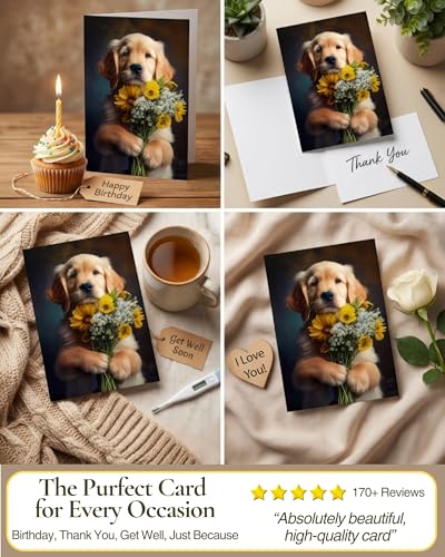 Golden Retriever with Flowers All Occasions Greeting Card - Dog with Flowers from Unique Dogs Party Delights Collection - Large 5x7 Inch - Blank Inside with White Envelope - color: Golden Retriever with Flowers