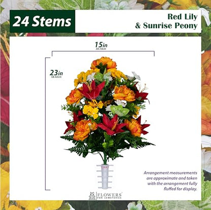 Sympathy Silks Artificial Flowers for Cemeteries - Gravesite Bouquet - Red Lily and Sunrise Peony - (1) Saddle (1) Bouquet - color: Red/Sunrise, size: (1) Headstone Saddle (1) Bouquet