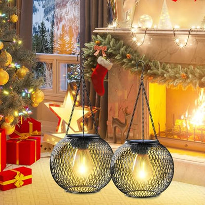 Solar Lantern Outdoor Waterproof,Hanging Solar Lights,2 Pack,Black | Solar Lantern Outdoor, Hanging Lights Outdoor Garden Metal Lanterns Decorative Waterproof Tree for Yard Patio