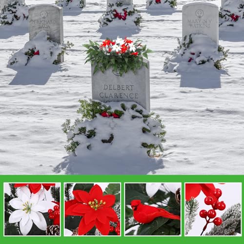 Thiccywoov 70 Pcs Artificial Christmas Cemetery Flower Poinsettia Headstone | Red Poinsettia Christmas Flowers, outdoor Grave Memorial Decor, Silk Flowers Berries Pinecones Foam Holder