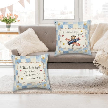 Dibor Inspirational Bear Airplane Nursery Throw Pillow Cover 18x18 Set of 2 - color: Mine