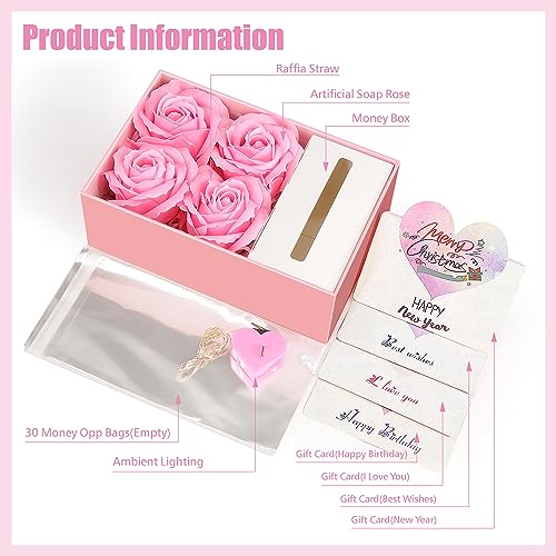 Money Box for Cash Gift Pull, Money Gift Boxes for Cash on Birthday, Christmas, Graduation, Mother's Day, for Husband, Wife, Girlfriend, Mother With Soap Rose Flower and Greeting Cards (Pink+Pink) - color: Pink+Pink