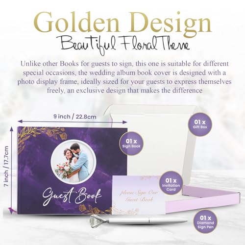 Generic Wedding Guest Book with Polaroid Photo Section, Hardcover Keepsake for Special Memories Includes Guest Sign-in Table Card & Pen, Ideal for Wedding Receptions, Memory Book to Write, Purple