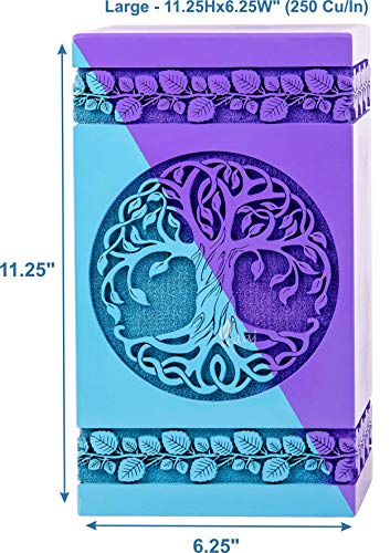 Wooden Urn for Human Ashes, 250 Cu in, X-Large, Blue & Purple | Hand-carved wood, blue and purple, screw-locked sliding base, engraving available, holds up to 250 lb - color: Blue & Purple, size: Large - 11.25Hx6.25W (250 Cu/In)