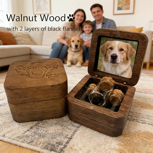 Pet Memorial Keepsake for Loss of Dog or Cat, Wooden Pet Ashes Box with 3 Glass Vials, Pet Remembrance Gift for Hair, Ashes, Teeth – Pet Loss Sympathy Gifts