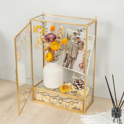 Shadow Box Frame, 3.5" Deep Wedding Shadow Boxes Display Case with Drawer, Glass Gold Shadow Memory Box for Picture, Wedding Bouquet, Pet Memorial and Keepsakes
