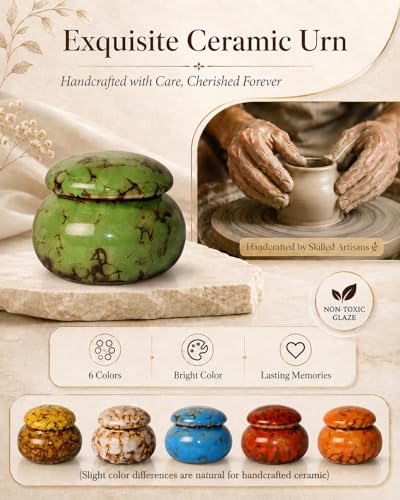 CHONOVO Small Ceramic Keepsake Urn, 1.6'' with Velvet Bag and Box - color: Green