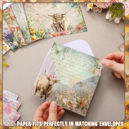 TaoBary 160 Pcs Floral Highland Cow Stationery Paper and Envelopes Set | 5.5 x 8.25'' Letter Writing Kit, 50 Double Sided Stationery Writing Papers 50 Matching Envelopes 60 Round Dot Sticker - size: 5.5 x 8.25 Inch, style: Floral Highland Cow