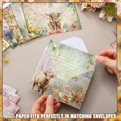 TaoBary 160 Pcs Floral Highland Cow Stationery Paper and Envelopes Set | 5.5 x 8.25'' Letter Writing Kit, 50 Double Sided Stationery Writing Papers 50 Matching Envelopes 60 Round Dot Sticker - size: 5.5 x 8.25 Inch, style: Floral Highland Cow