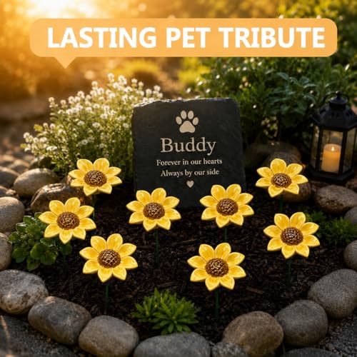 Yellow Glazed Ceramic Sunflowers for Pet Memorial Sympathy, Weatherproof Flowers with Metal Stems for Dog Cat Grave, Garden, Cemetery Decor, Eternal Remembrance Tribute, 8 Pcs, Vase Not Included