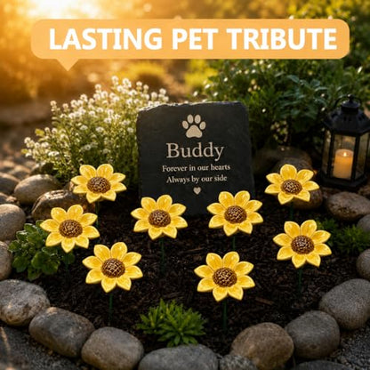 Yellow Glazed Ceramic Sunflowers for Pet Memorial Sympathy, Weatherproof Flowers with Metal Stems for Dog Cat Grave, Garden, Cemetery Decor, Eternal Remembrance Tribute, 8 Pcs, Vase Not Included