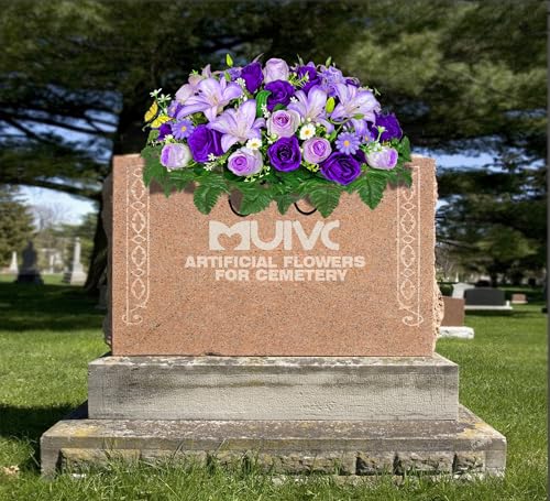 MUVIC Artificial Cemetery Flower for Grave,Headstone Flower Saddle -Purple Lily Rose Daisy, Easy Fit