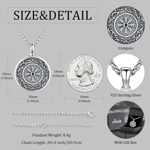 Aniu S925 Sterling Silver Urn Necklace Cremation Jewelry for Ashes - color: Compass - B