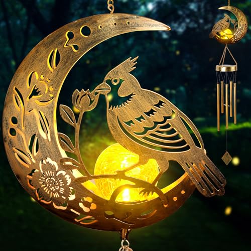 JOBOSI Moon Cardinal Wind Chimes Gift, Solar Cardinal Light, Solar Wind Chimes for Outside, Mother's Day Wind Chime, Gift for Mothers, Women, Grandmothers, Outdoor Garden Lawn Yard Decor