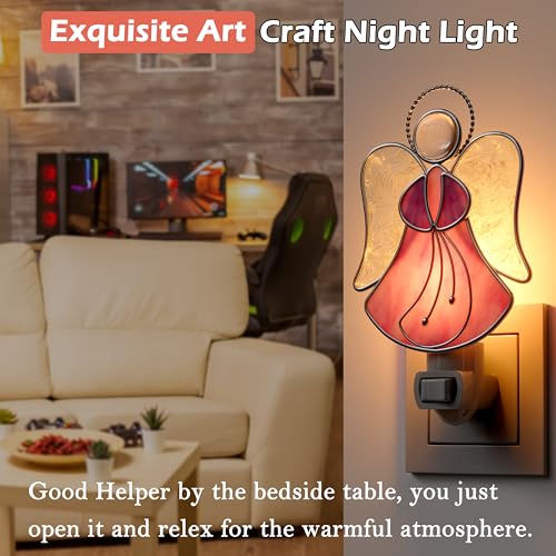Stained Glass Pink Guardian Angel Night Lights Plug into Wall - color: Pink Angel