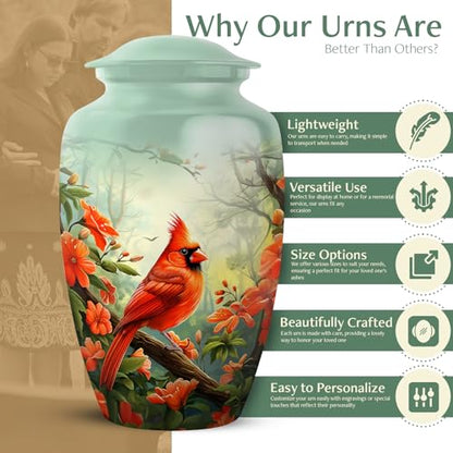 Cardinal Urns for Human Ashes -Large Urn for Human Ashes Adult Female | Red Cardinal Bird Urns - Cremation Urns for Adult Woman 10inch and 200 Cubic Inches - color: Funeral Cardinal Bird
