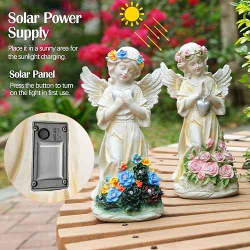 Angel Garden Statue 2Pcs,Love Heart Solar Decor with Warm Light | Waterproof Praying Angel Statue with Flowers,Outdoor Garden Decor Sculpture for Lawn Yard Patio Garden Present, Apricot - style: Heart Praying Angel
