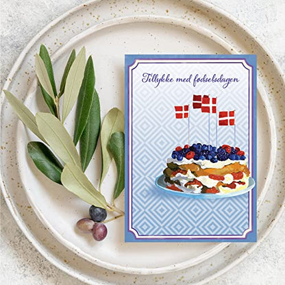 Designer Greetings Danish Language Happy Birthday Cards 6 Pack | Boxed Card Set, Matching Envelopes, Foil and Glitter Details - style: 6 PK Danish Birthday - Danish Layer Cake