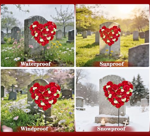 Artificial Cemetery Flowers, Grave Memorial Flowers with Ground Spike,Heart Shaped Wreaths Rose Daisy for Gravesites Decoration（Red）