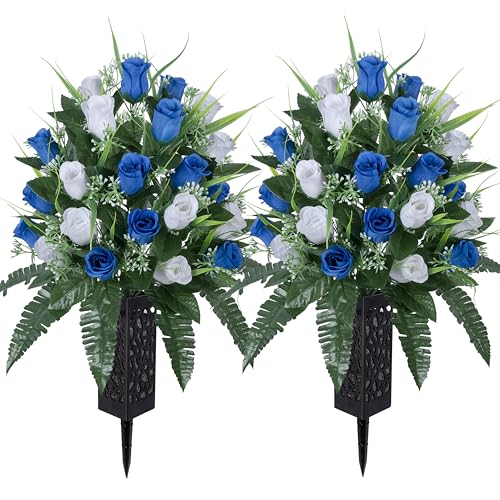 LVXINLI 2 Sets Artificial Cemetery Flowers,Outdoor Grave Decorations Roses,Beautiful Arrangements Bouquet with Cemetery Vase,Lasting and Non-Bleed Colors (White+Dark Blue) - color: White+dark Blue
