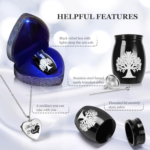 Small Urn for Human Ashes | Mini Urn, With Necklace, Heart Box, Memorial Gift - color: Black