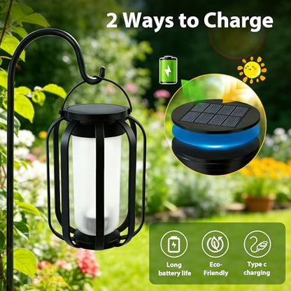Solar Lanterns Outdoor Lights, 2 Pack Waterproof Flickering Flame Hanging Lights, Solar & USB Dual Charging, 2 Modes, Solar Pathway Lights for Yard, Garden, Patio, Tabletop, Holiday Decor