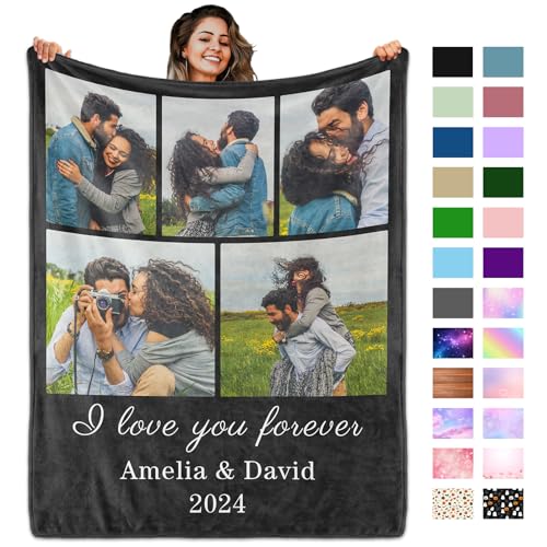 Custom Blanket with Picture Text, Personalized 5 Photo Blanket, HD Printing Customized Flannel Throw Blanket Gifts for Mom Dad Couple Girlfriend Boyfriend Wife Husband Christmas - color: 5-photo-text