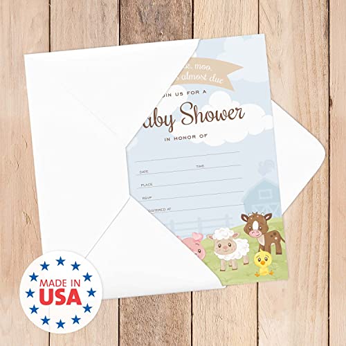 Canopy Street Barnyard Baby Shower Invites / 25 Cards With White Envelopes / 5" x 7" Farm Animal Invitations/Fill In Gender Neutral Country Baby Cards/Made In The USA - color: Barnyard