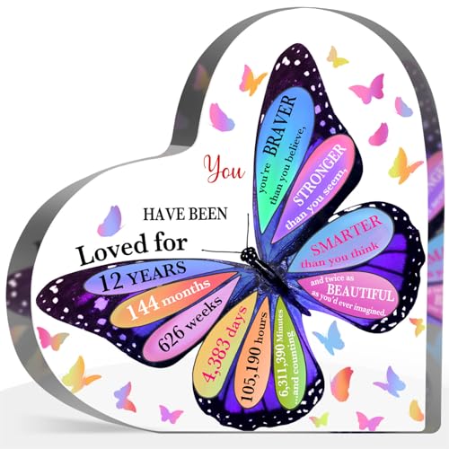 12th Birthday Acrylic Sign, 12 Year Old Girl Birthday Gifts, Inspirational Butterfly Keepsake Sign for Girls Boys, Happy 12 Birthday Gifts Idea for Daughter Girls, Table Desk for Home - style: 12th Birthday