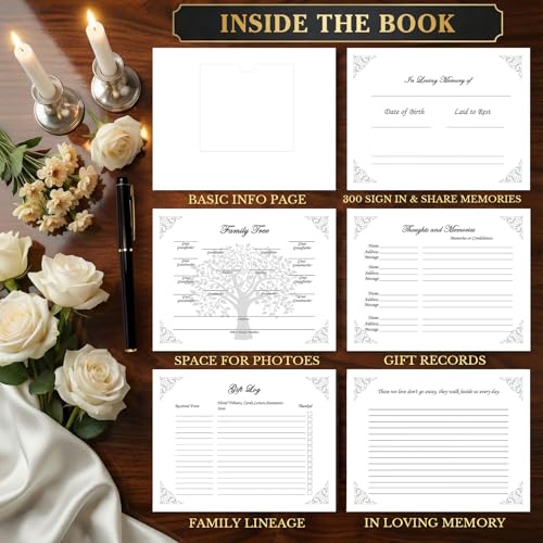 ArtSocket Funeral Guest Book for Memorial Black Leather with Gold Foil | for Funerals Elegant Celebration of Life and Loving Memorial Complete with Pen and Table Sign