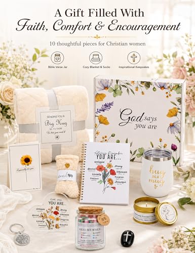 Defresit 10Pcs Christian Gifts for Women, Religious Gifts for Women | Gift Baskets with Tumbler, Bible Verse Jar and Blanket, for Mom, Grandma, Friends, Birthday, Well Soon, Christmas - color: White