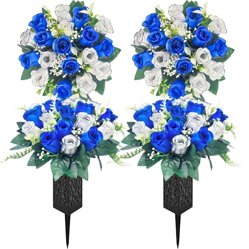 Mirevielyn 2-Pack 18-Stem Artificial Rose Cemetery Flowers with Vases | Colorfast silk roses, stain-resistant material, detachable ground spikes, gravesite decor, outdoor cemetery use - color: Blue & White