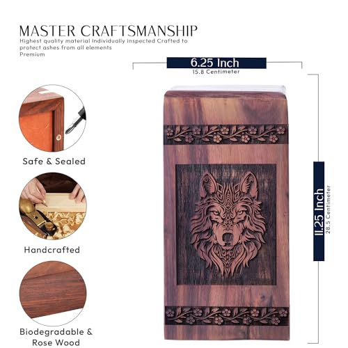 Wolf Wooden Box Urn - Wooden Urns for Human Ashes Adult - Sophisticated Adult - Male Ashes Wooden - Urn with Engraved Wolf - Design for Memorials - Large Urn for Ashes, 11.25x6.25INCH | Funeral Wood Container, Decorative Urns for Human Ashes, Elegant Home