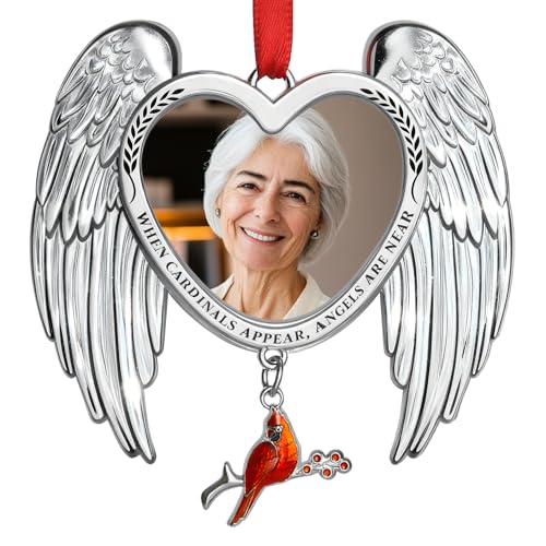 Memorial Christmas Photo Ornaments 2025 Angel Wings Sympathy Gifts for Loss of Loved One - Personalized Cardinal Picture Frame Ornament for Christmas in Heaven Tree Decor