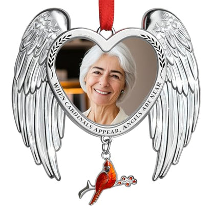 Memorial Christmas Photo Ornaments 2025 Angel Wings Sympathy Gifts for Loss of Loved One - Personalized Cardinal Picture Frame Ornament for Christmas in Heaven Tree Decor