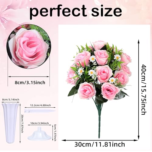 Artificial Cemetery Flowers Set 2PCS Memorial Grave Roses Bouquets with Vases for Outdoor Grave Decor UV Resistant