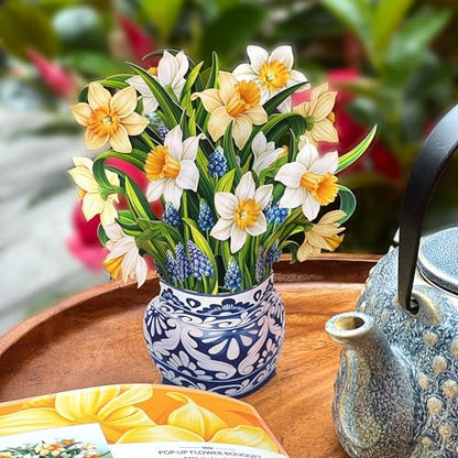Freshcut Paper Pop Up Cards, Mini English Daffodils, 6 Inch Mini Sized Forever Flower Bouquet 3D Popup Greeting Cards, Birthday Cards, Get Well Gifts, Blank Notecard & Envelope (Pack of 3) - color: English Daffodils, size: Mini (Pack of 3)