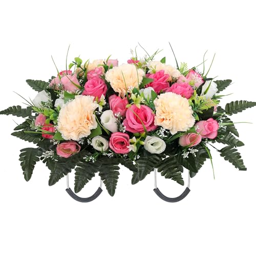 Artificial Cemetery Flower Saddle for Headstones,Grave Saddle Headstone Decorations,Rose and Carnation Memorial Day Grave Decor, Fade-Resistant (Pink) - color: Pink