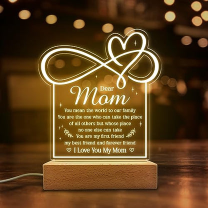 SANDJEST Acrylic Night Light Gift for Mom - Mother Night Light - You Mean The World to Our Family Night Lights Lamp Gift for Moms from Daughter Son on Birthday Christmas Valentines - color: Dear Mom