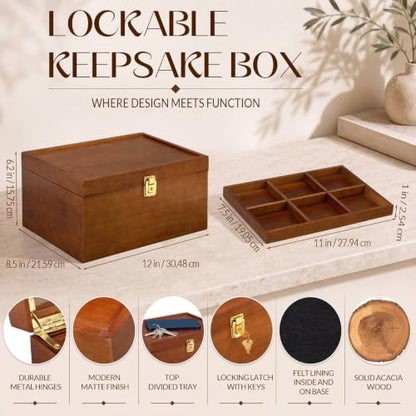 Junkin Large Wooden Keepsake Box with Lock & Photo Frame Lid Customizable Dividers Elegant Wedding Treasure Box for Photos, Letters, Time Capsules, Bride Gift, Decorative Storage