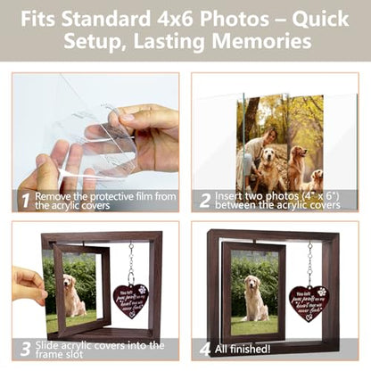4x6 Rotating Pet Memorial Photo Frame, Double-Sided Remembrance Picture Frame, Sympathy Gift for Loss of Dog or Cat, Wooden Keepsake with Heart Charm - color: you left paw prints on my heart
