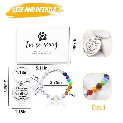 Pet Memorial Gifts Rainbow Bridge Bead Bracelet for Pet Loss Sympathy Gift Card Dog Memorial Keychain for Women Men Bereavement Gifts for Dogs Cats 8MM 7 Chakra Bracelet for Pet Lovers Gift Set