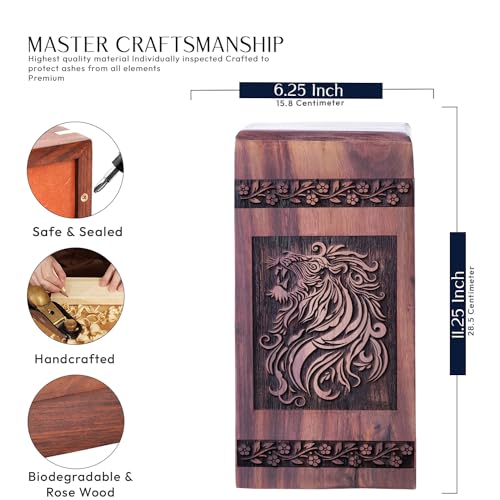 Lion Wood Urns for Adult Ashes Eternal Love Urn 11.25-Inch - Urns for Ashes Adult Male - Funeral Urns for Adult Ashes Men - Cremation Urns Adult Large Urns 11.25 Inch, Natural | Handcrafted Wood Cremation Urns for Human Ashes - Memorial Gift for Loss of M