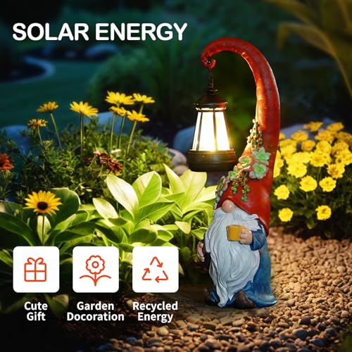 Garden Gnomes Outdoor Statue Solar Powered Gnome Decor - style: Red Hat Gnome 13.39in