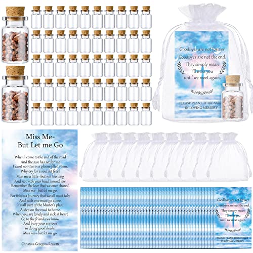 Fumete 150 Pcs Funeral Favors Include 50 Celebration of Life Prayer Cards 50 Memorial Seeds Glass Bottles with Cork Stopper (No Seeds) 50 Organza Bags for Loss of Loved One