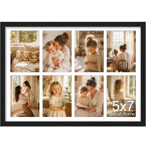 decorUhome 8 5x7 Picture frames Collage Wall Decor with Mat, MD12BK | Black 15x21.25 Engineered Wood Picture frame, Fits Eight 5x7 Photos with Mat, 1 Pack - color: Black, size: 15x21.25 (8-5x7)