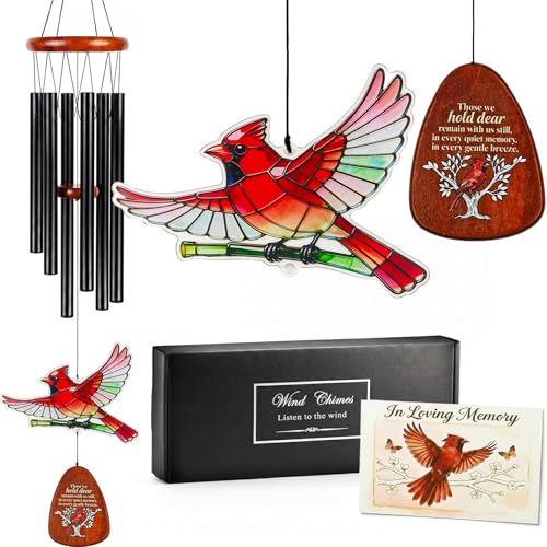 36'' Cardinal Wind Chimes for Outside, Memorial Gfits for Loss of Loved One | Sympathy Gift for Loss of Mother, Dad or Husband, In Memory of Loved One, Outdoor Memorial Decor with Condolence Card