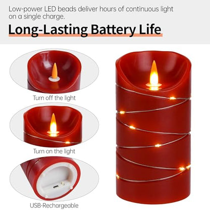 Rechargeable LED Candles, Real Wax, 4 5 6 in,Red, 3 Pack | USB Rechargeable Real Wax Candles with Remote, Timer and Star Lights - color: Red