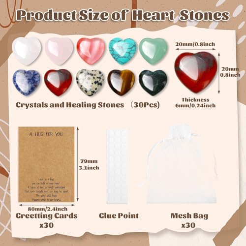 30 Pcs Heart Shaped Rocks with Hug Cards Set, 0.8" Polished Natural Stones