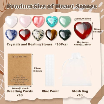 30 Pcs Heart Shaped Rocks with Hug Cards Set, 0.8" Polished Natural Stones